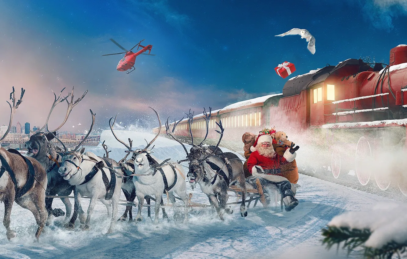 Photo wallpaper Christmas, Santa, sleigh, deer, Express