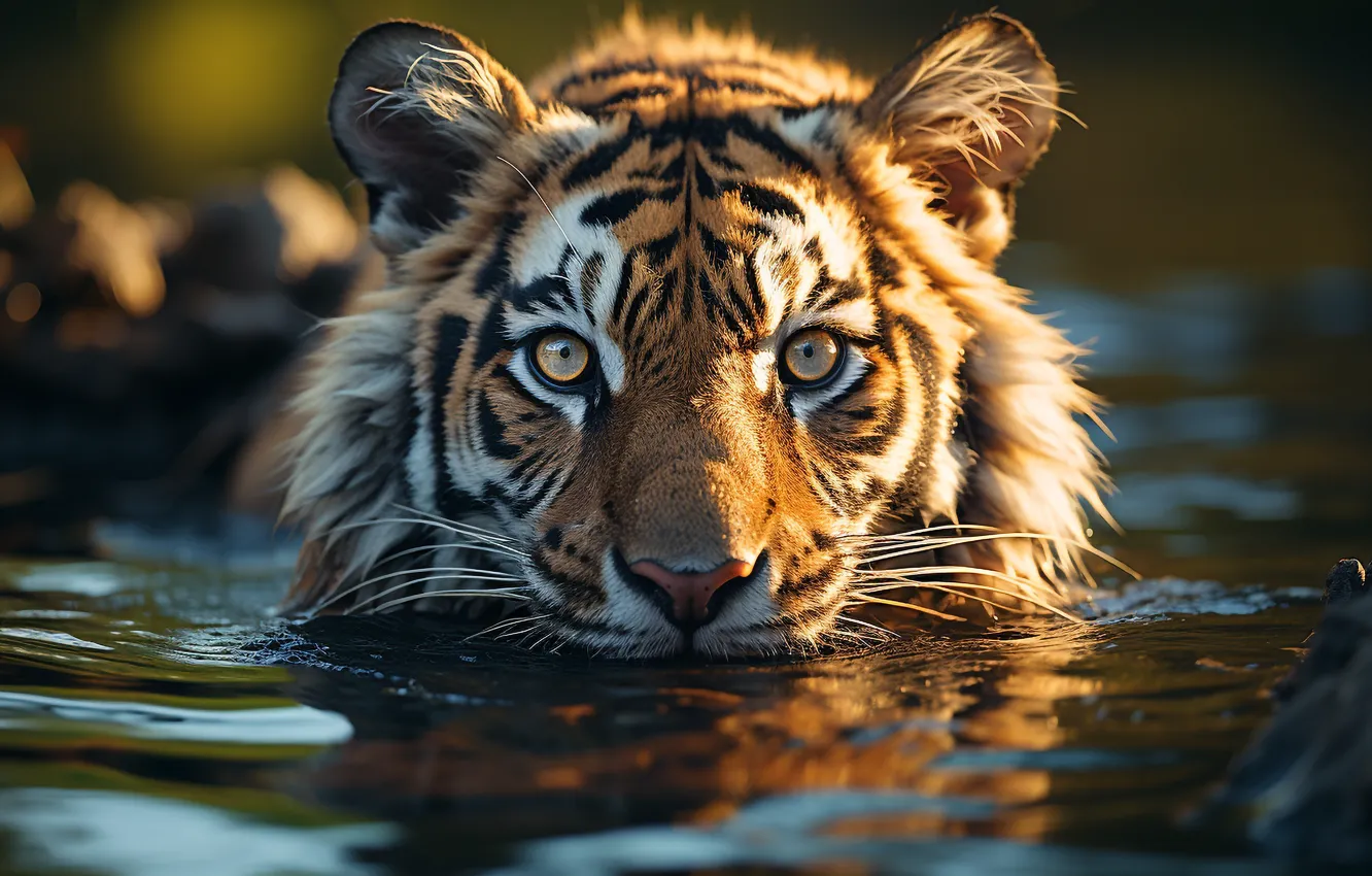Photo wallpaper look, face, water, tiger, predator, big cat, Bengal, digital art