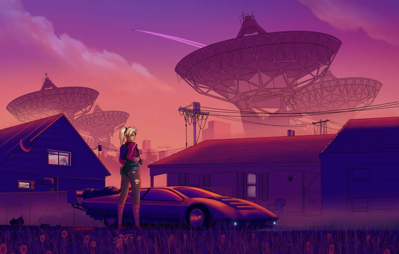 Photo wallpaper machine, girl, sunset, style, music, home, plate, style