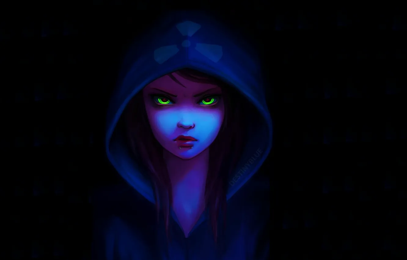 Photo wallpaper look, girl, face, piercing, art, hood, black background