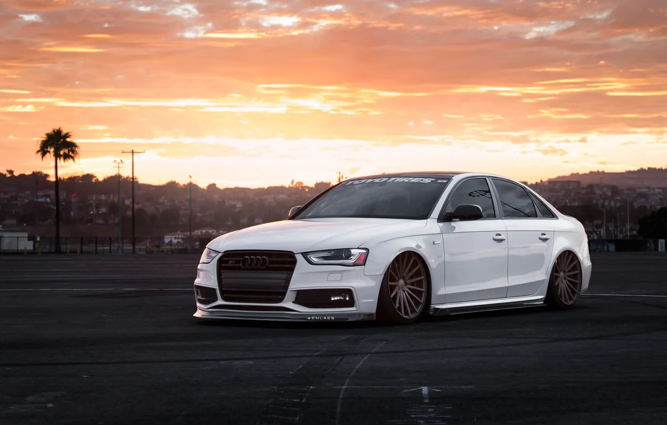 Photo wallpaper Audi, Car, Front, Sunset, White, Stance, Vossen, Wheels