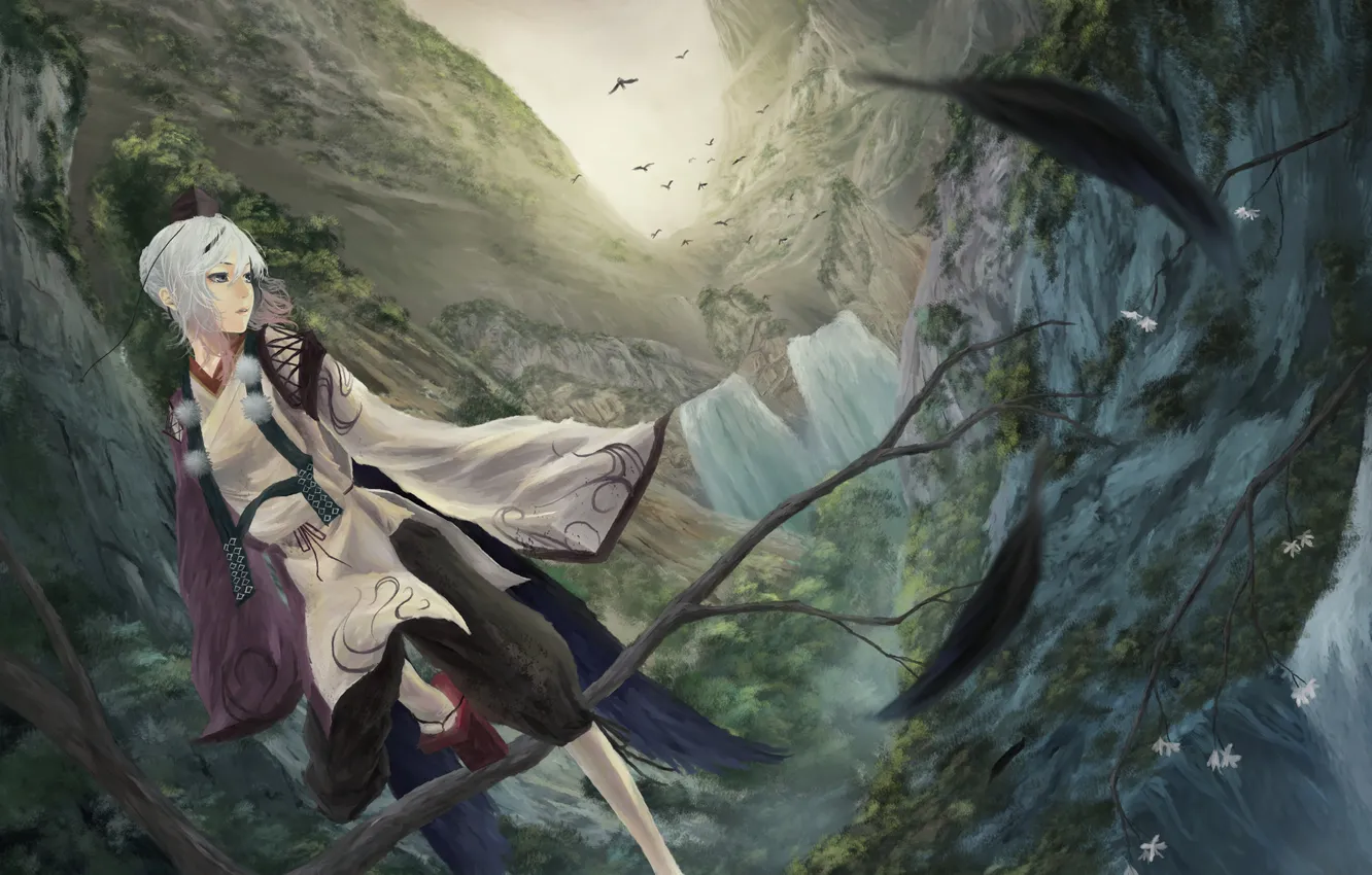Photo wallpaper girl, trees, landscape, mountains, bird, waterfall, art, akaikitsune