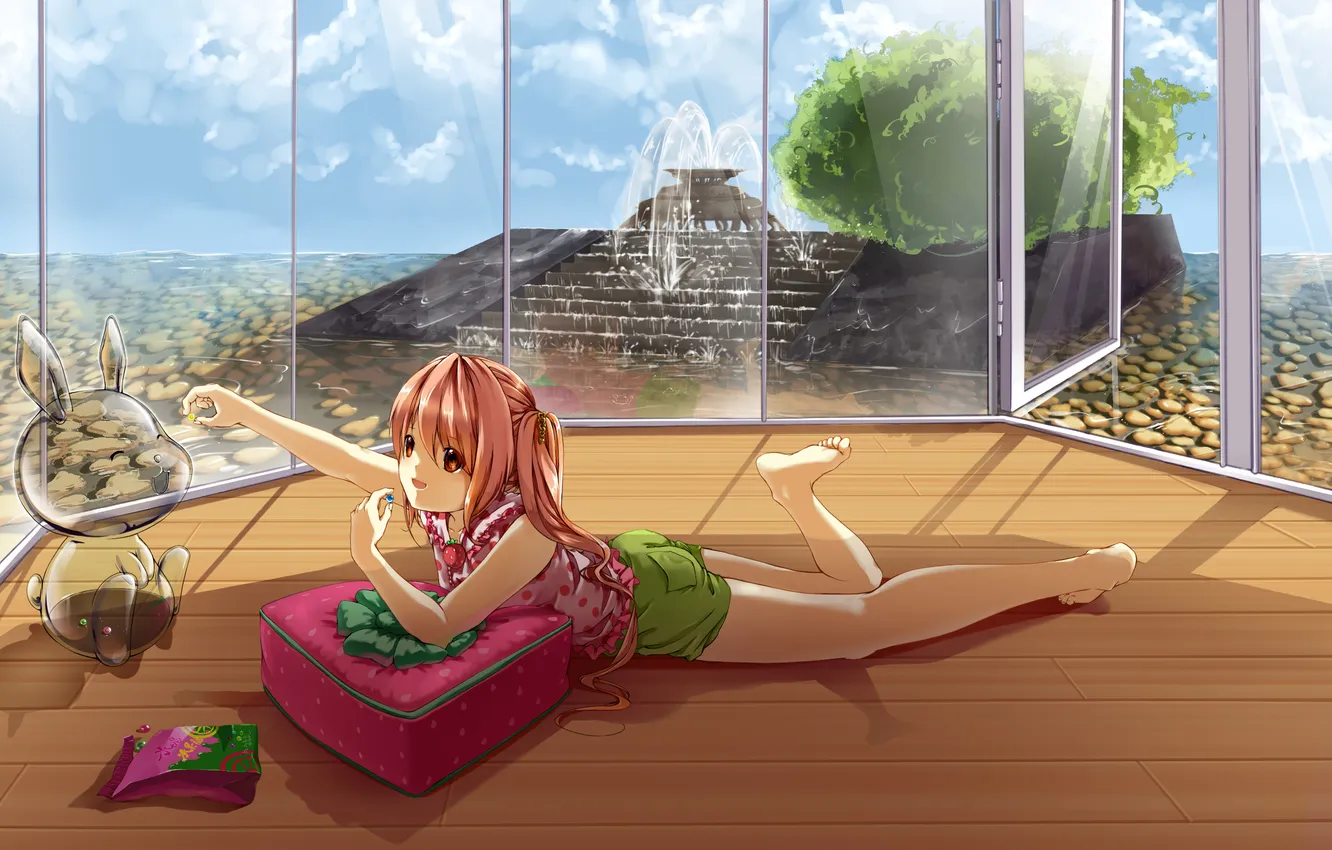 Photo wallpaper toy, pillow, window, art, girl, fountain, glass, lying