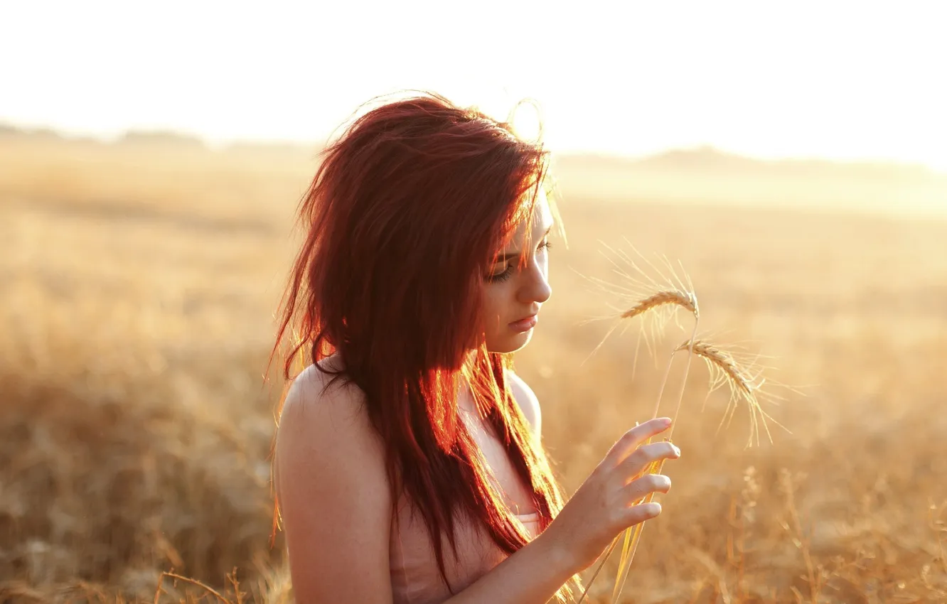 Photo wallpaper wheat, girl, ears