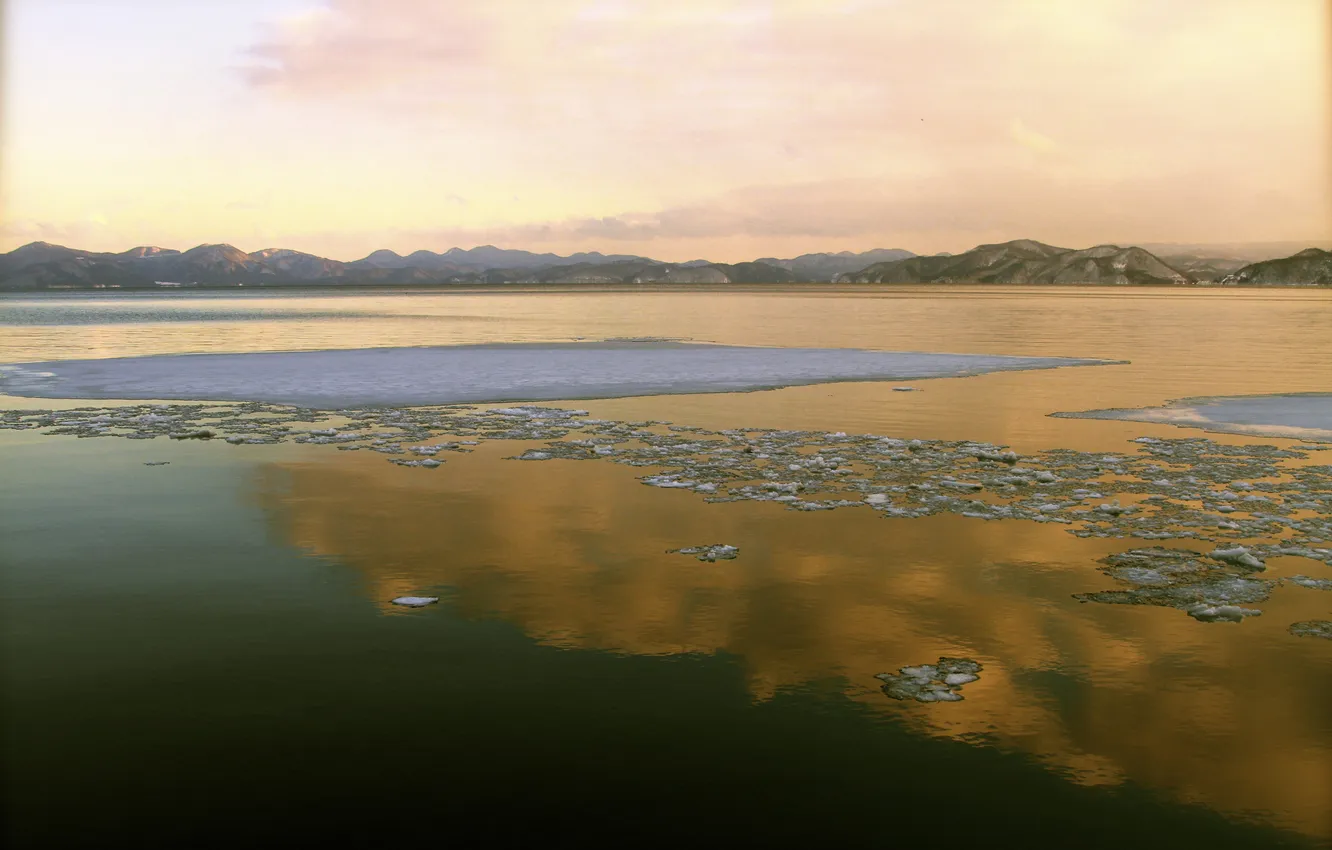 Photo wallpaper ice, lake, dawn, hills