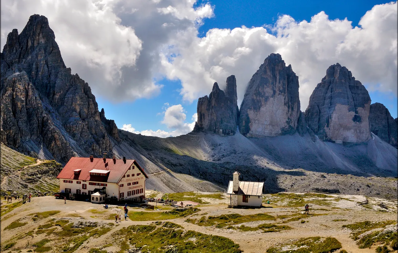 Photo wallpaper the sky, clouds, mountains, house, Italy, The Three Peaks Of Lavaredo, Paterno