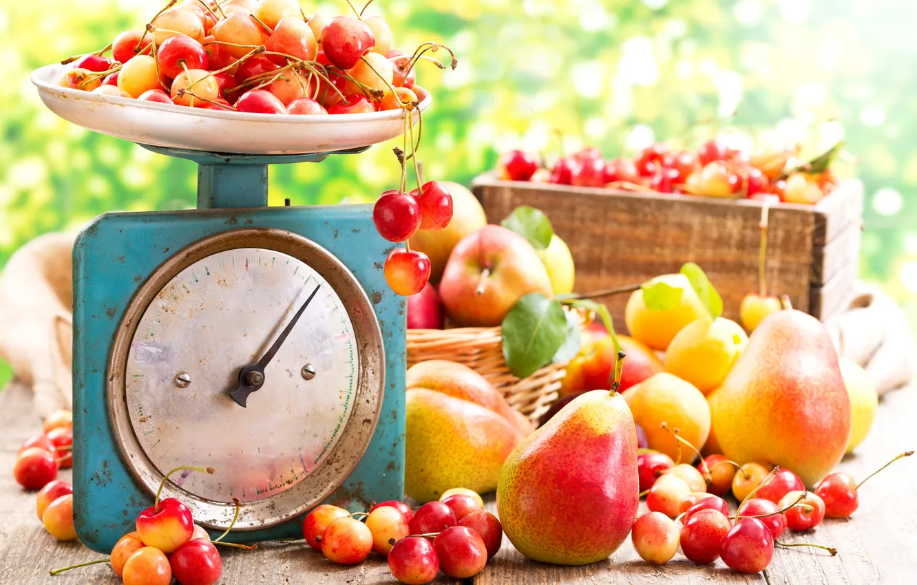 Photo wallpaper leaf, box, Libra, pear, cherry, apricots