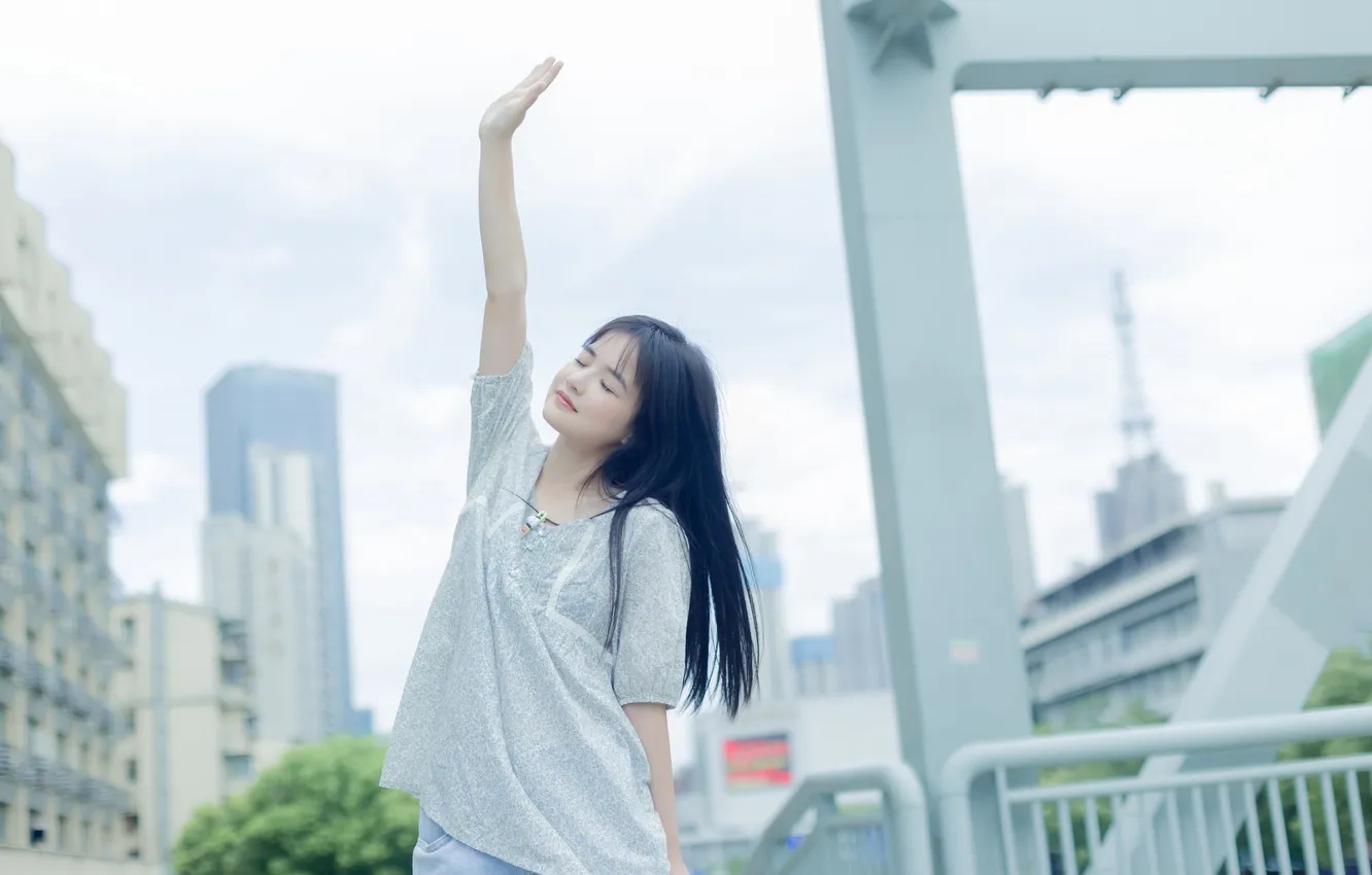 Photo wallpaper city, woman, beautiful, model, pretty, asian, skyscrapers, outdoor