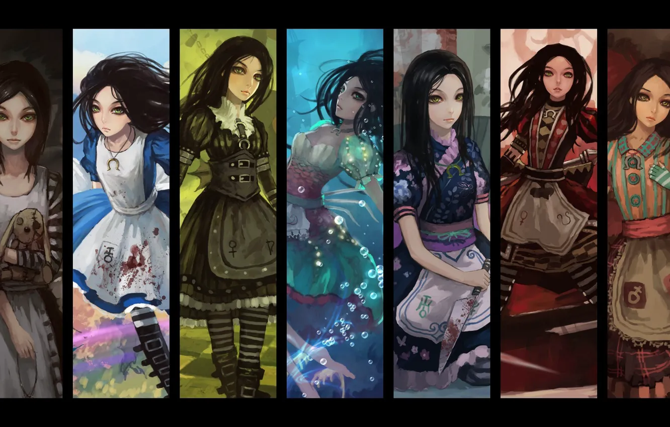 Photo wallpaper Alice, knife, a lot, Alice Madness Return, Alice, striped stockings, blood spatter, evil eye