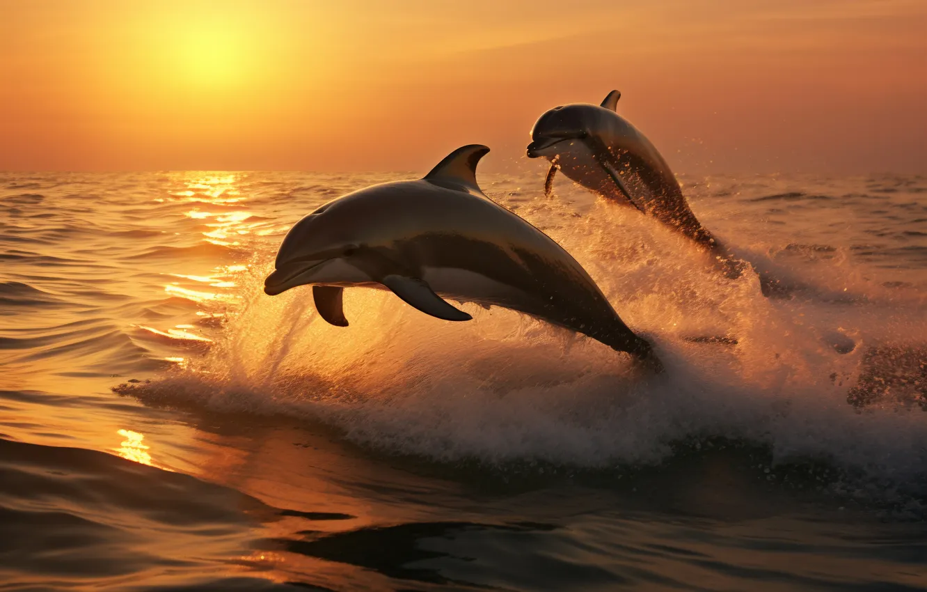 Photo wallpaper sea, dawn, jump, dolphins, two, digital art, AI art, The Art of Artificial Intelligence
