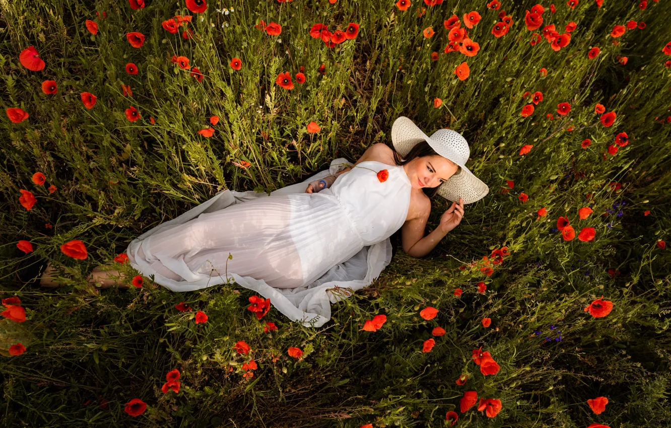 Photo wallpaper white, girl, flowers, nature, Maki, hat, dress, brunette