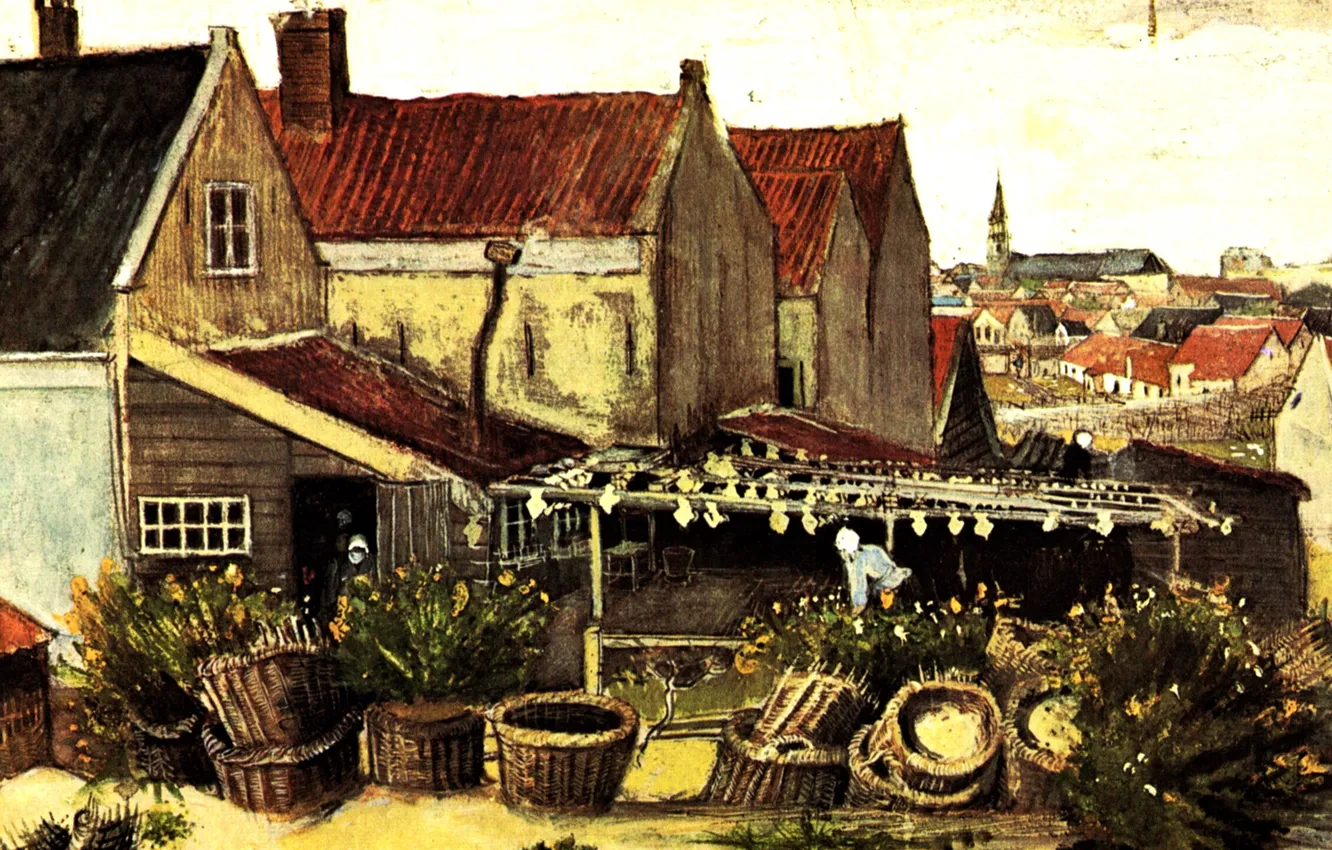 Photo wallpaper houses, the bushes, basket, Vincent van Gogh, Fish-Drying Barn