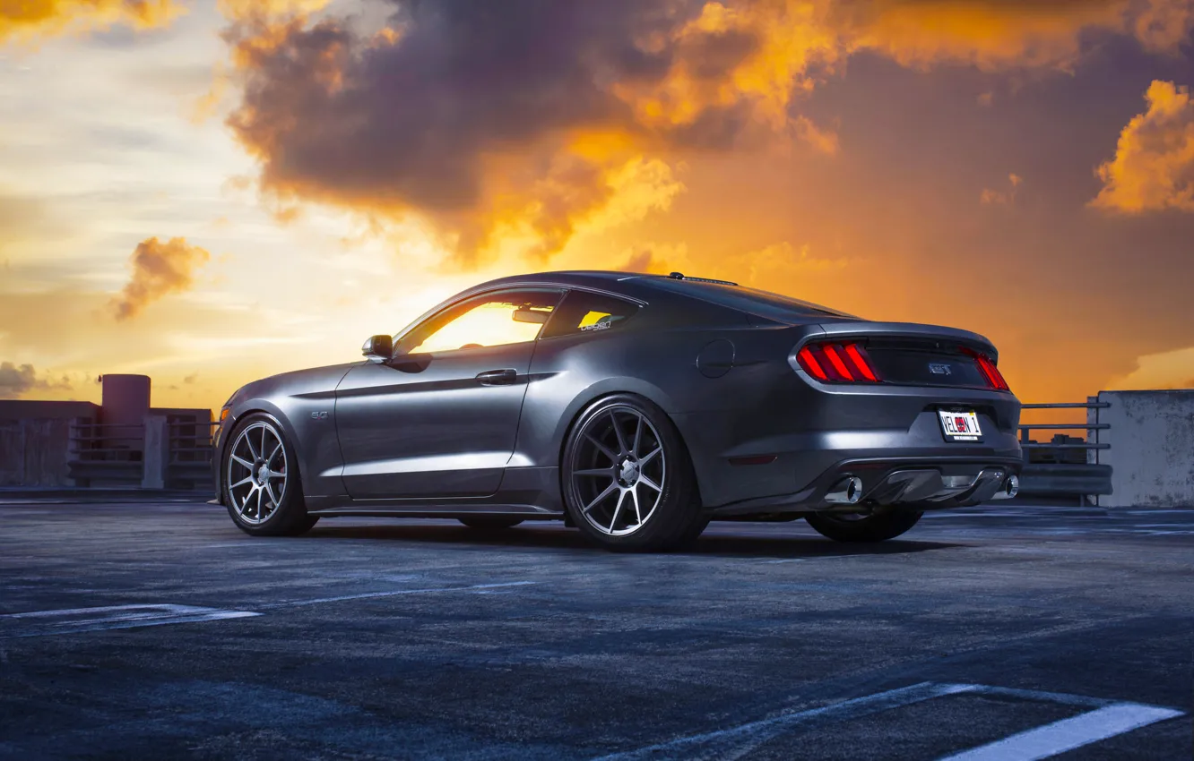 Photo wallpaper Mustang, Ford, Muscle, Car, Clouds, Sky, Sunset, Wheels
