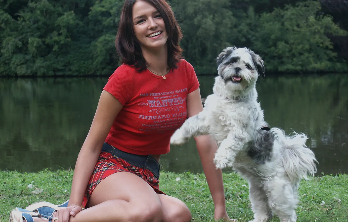 Photo wallpaper green, girl, water, dog, Friendly, Good Friends