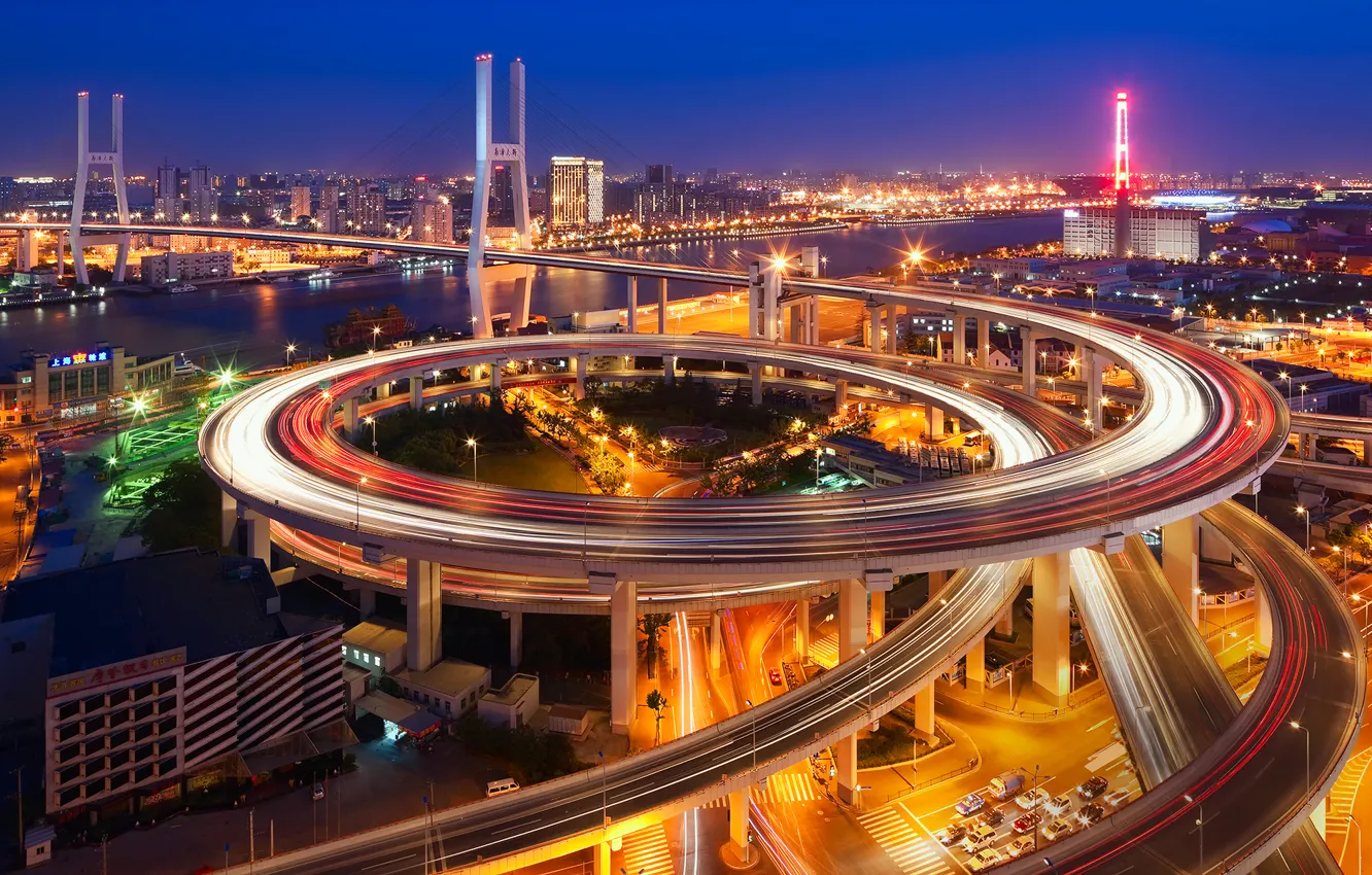 Photo wallpaper night, bridge, the city, lights, the evening, excerpt, China, Shanghai