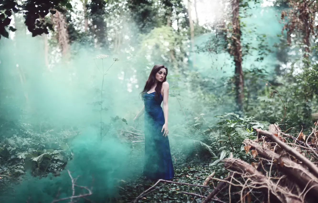 Photo wallpaper forest, girl, smoke, dress, windbreak