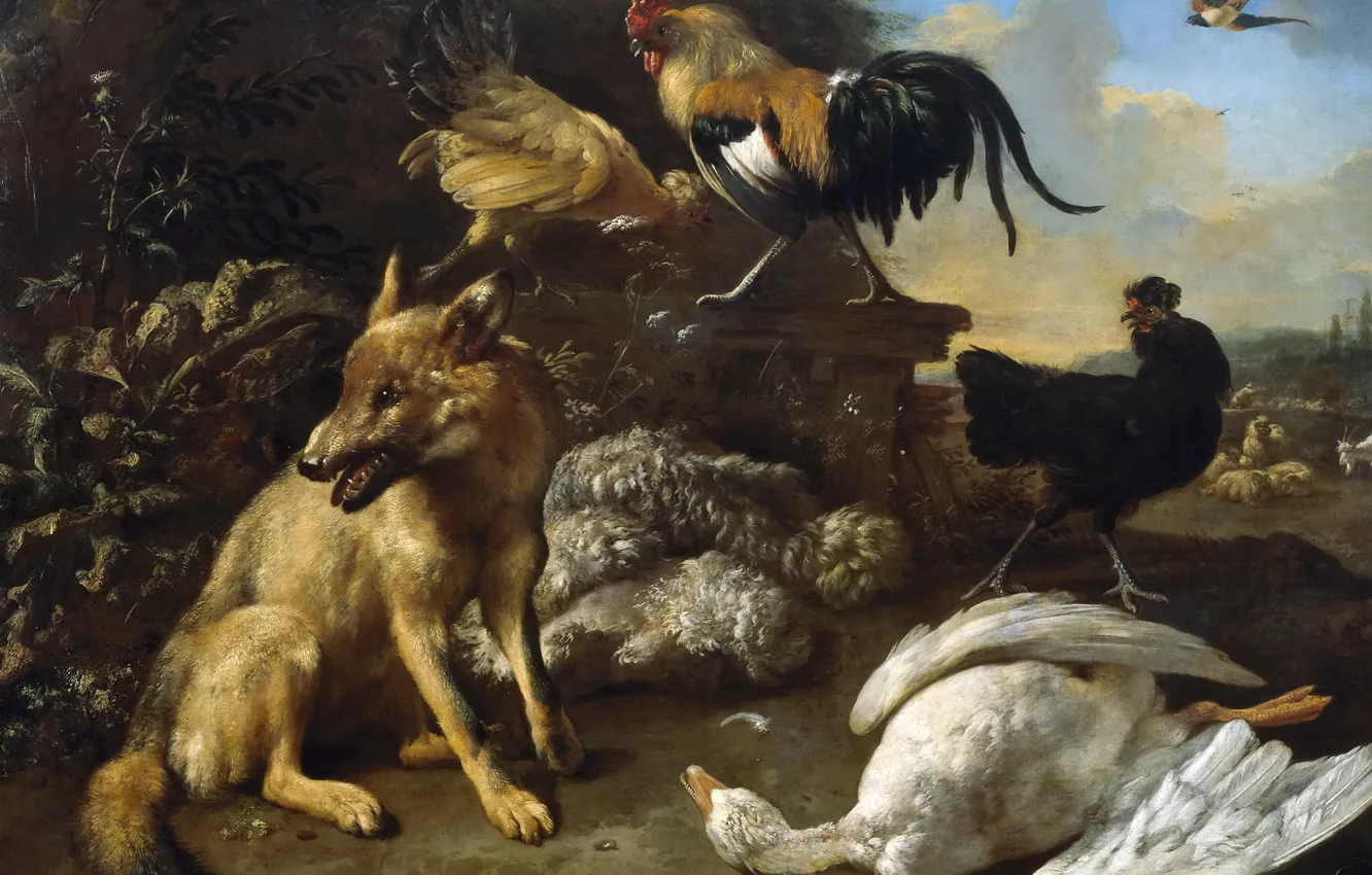 Photo wallpaper animal, picture, genre, Melchior de Hondekuter, Still life with Fox and Killed her Goose