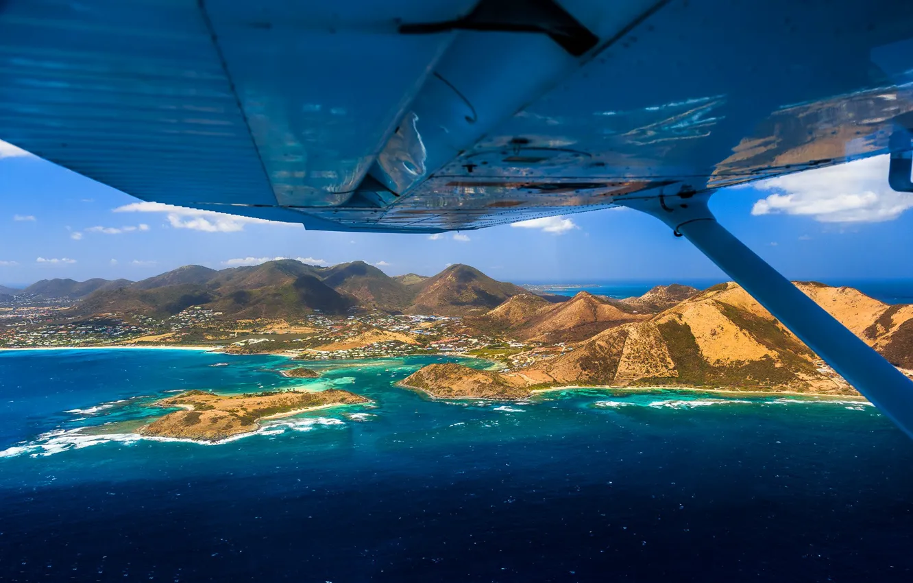 Photo wallpaper sea, mountains, island, wings, the plane, Saint-Martin, French overseas territories, Nature reserve of Pinel Island