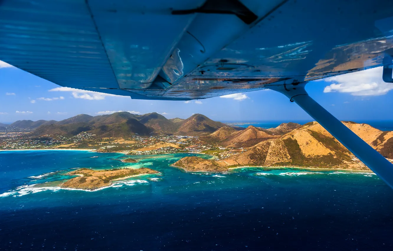 Photo wallpaper sea, mountains, the plane, island, wing, Saint-Martin, French overseas territories, Nature reserve of Pinel Island