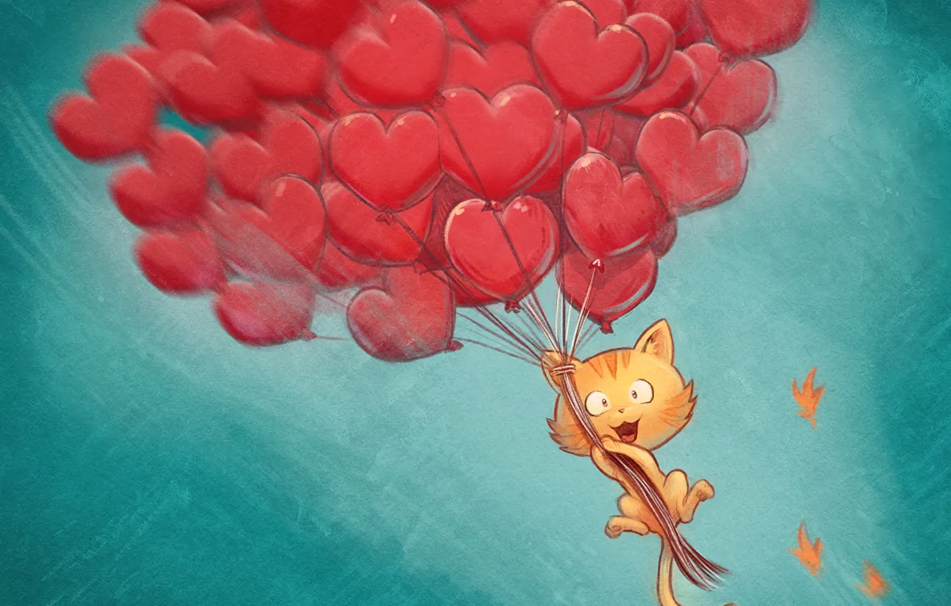 Photo wallpaper cat, balls, David Revoy, hearts, hearts, congratulations, ballons, Pepper&Carrot