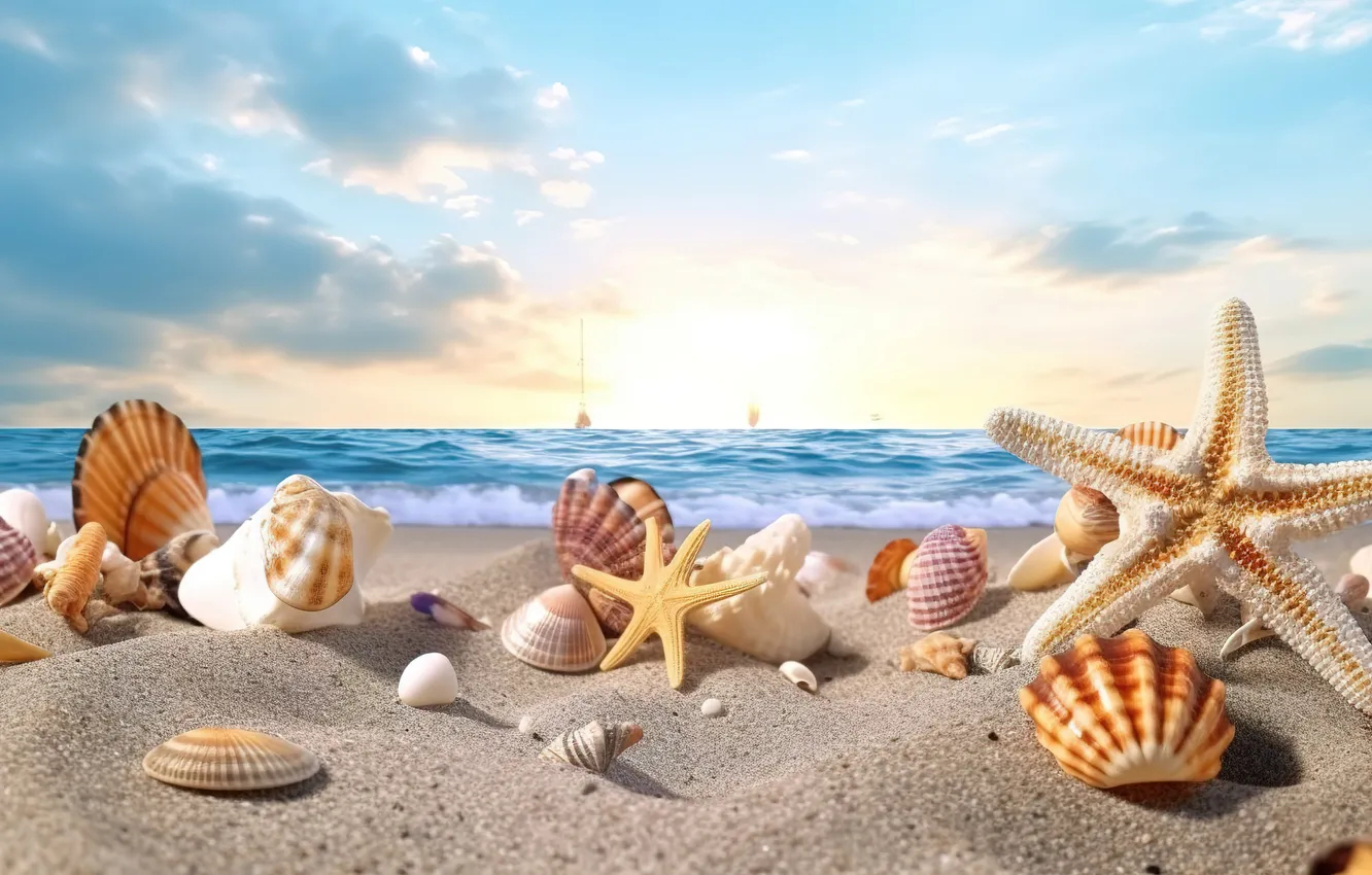 Photo wallpaper sand, sea, beach, summer, the sky, shore, shell, summer