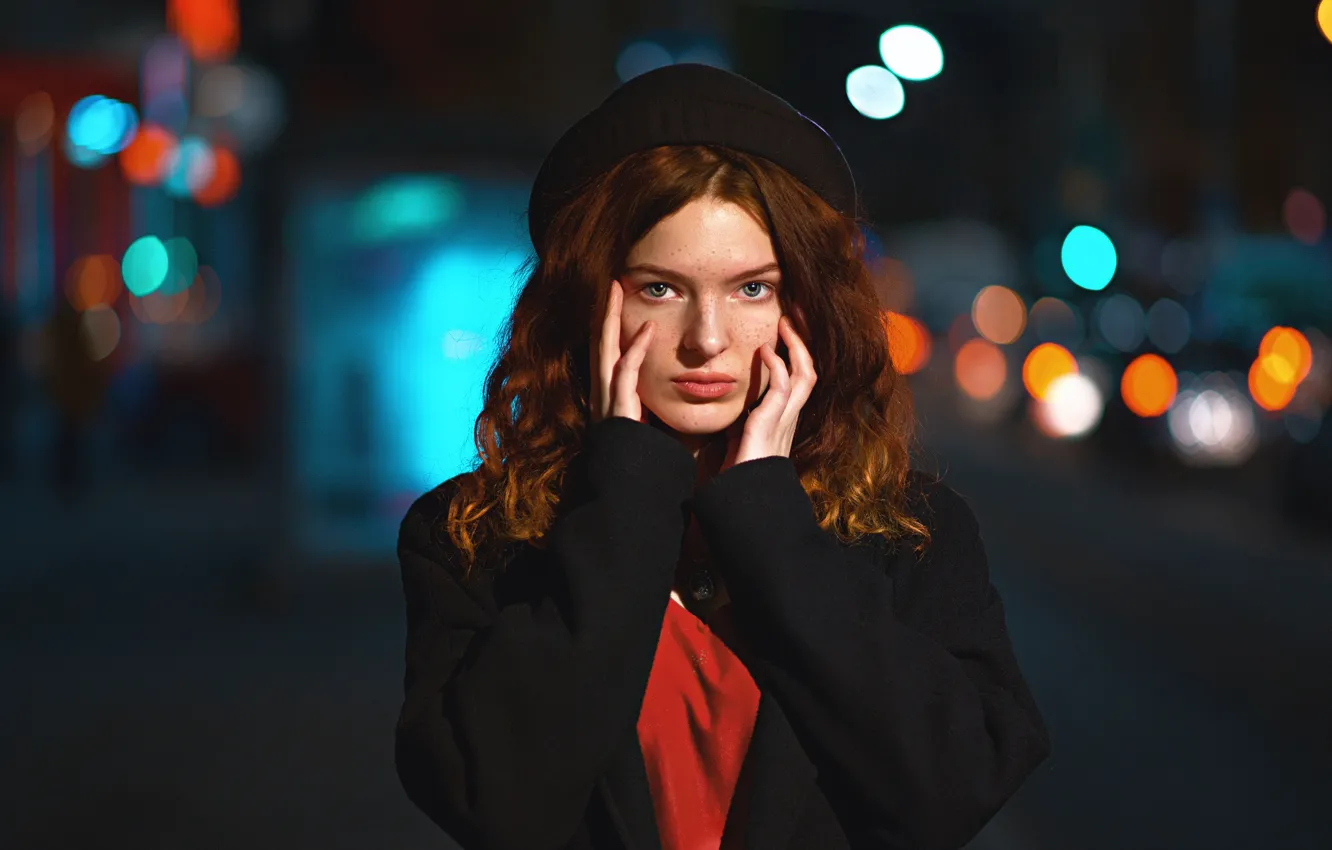 Photo wallpaper look, girl, night, face, lights, pose, model, hat