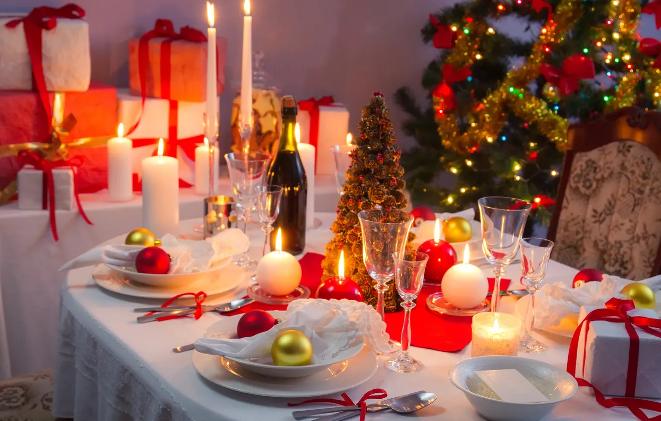 Photo wallpaper decoration, lights, holiday, gift, balls, glass, tree, new year