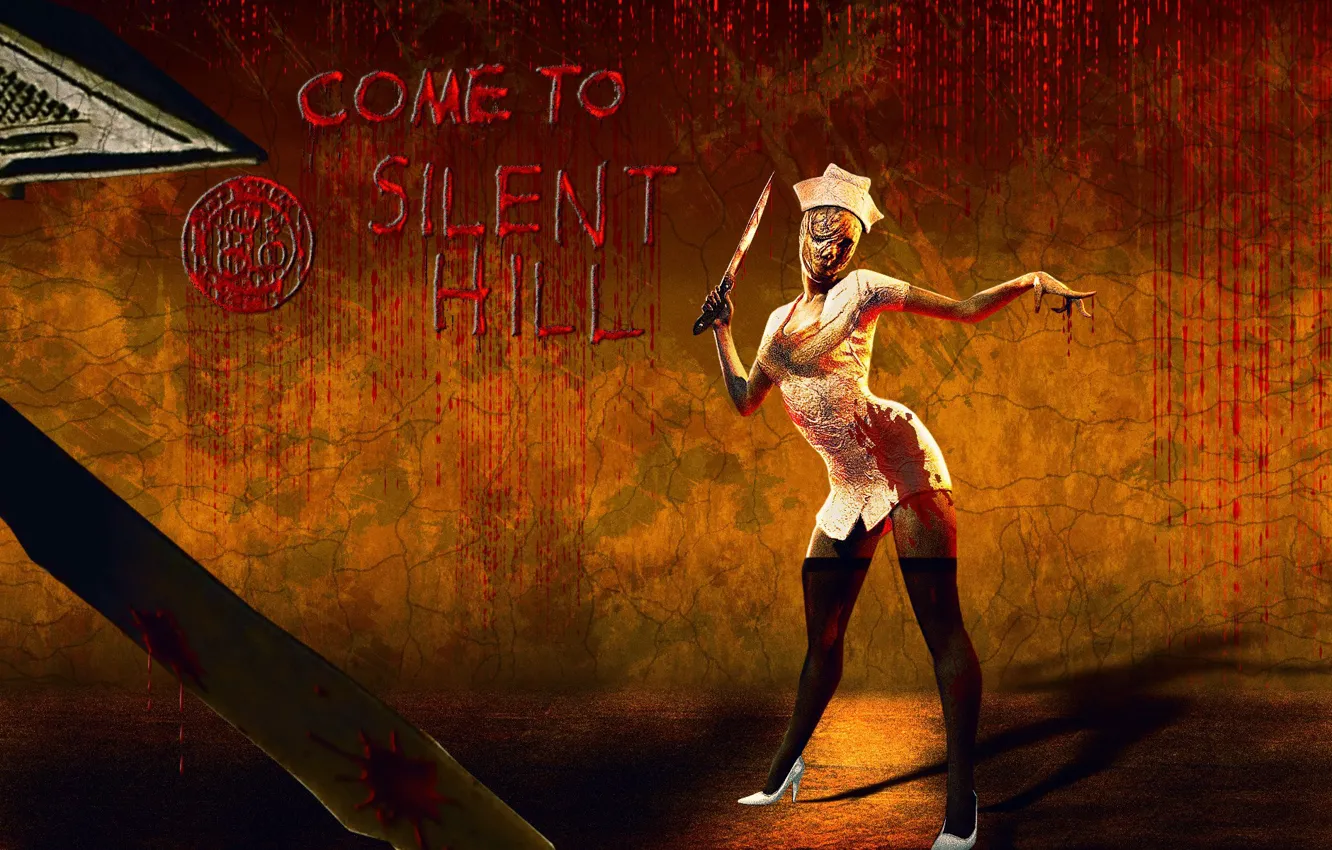 Photo wallpaper blood, monster, Silent Hill, Nurse, Pyramid Head, by csuk 1t, Silent Hill Asylum