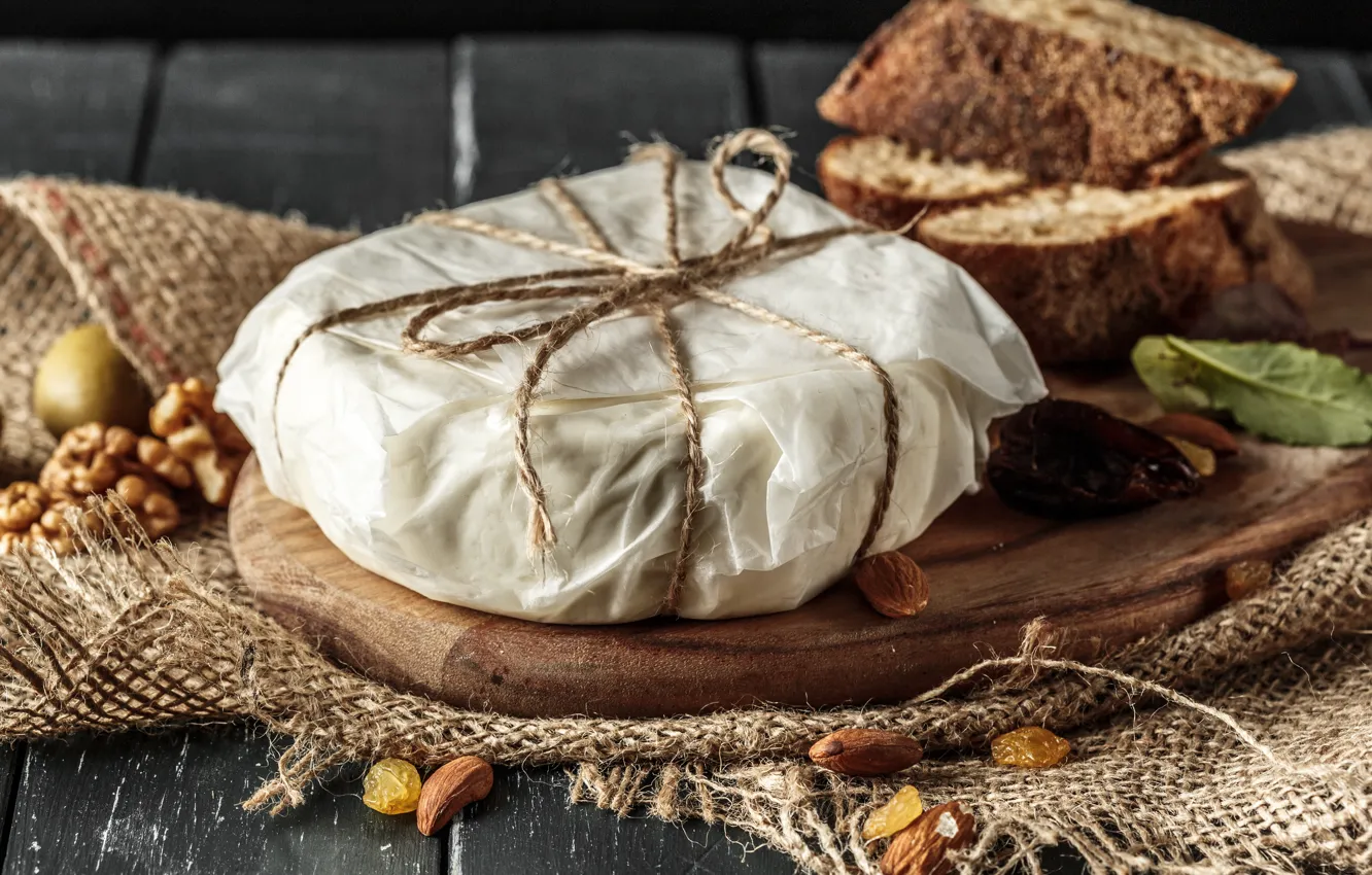 Photo wallpaper cheese, bread, nuts, raisins