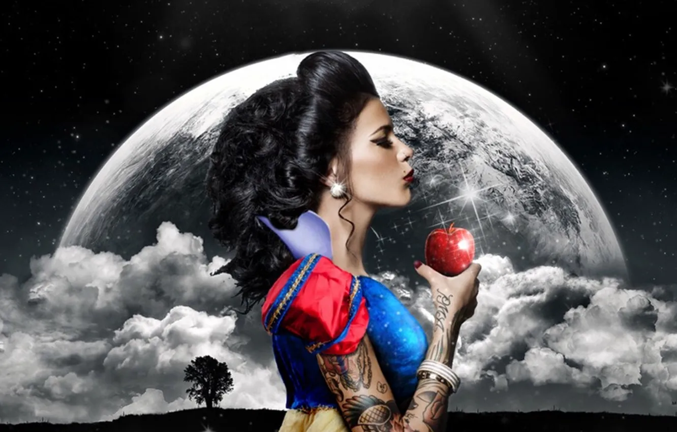 Photo wallpaper apple, moon, Fantasy, clouds, tattoo, snow white