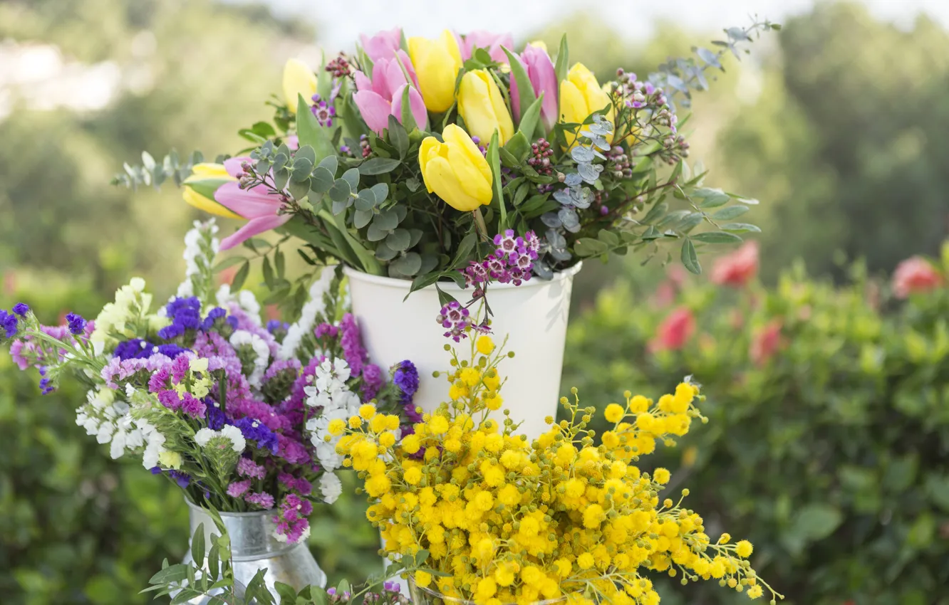 Photo wallpaper flowers, yellow, bouquet, kettle, tulips, Mimosa