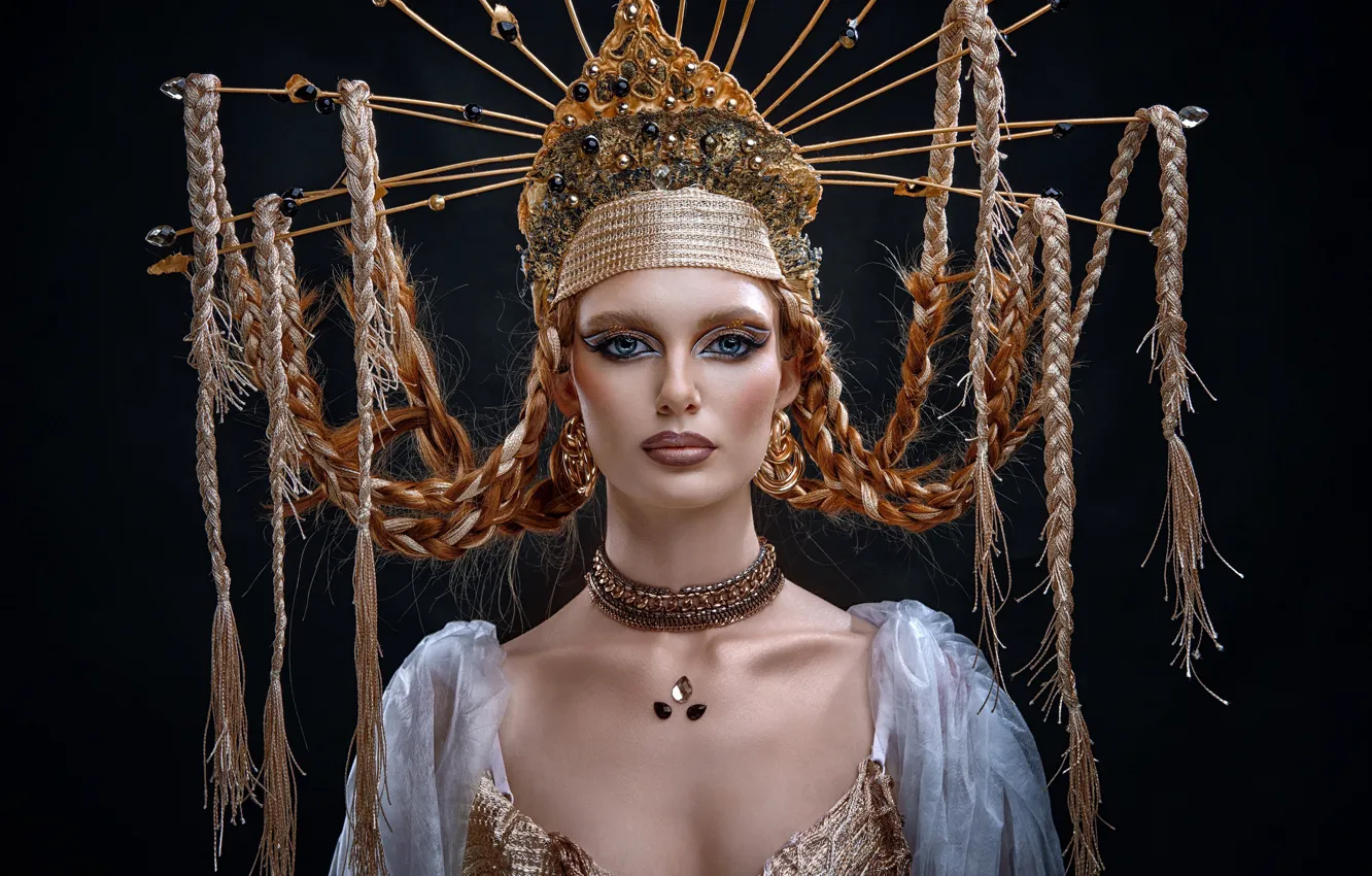 Photo wallpaper girl, face, style, background, model, makeup, neckline, braids