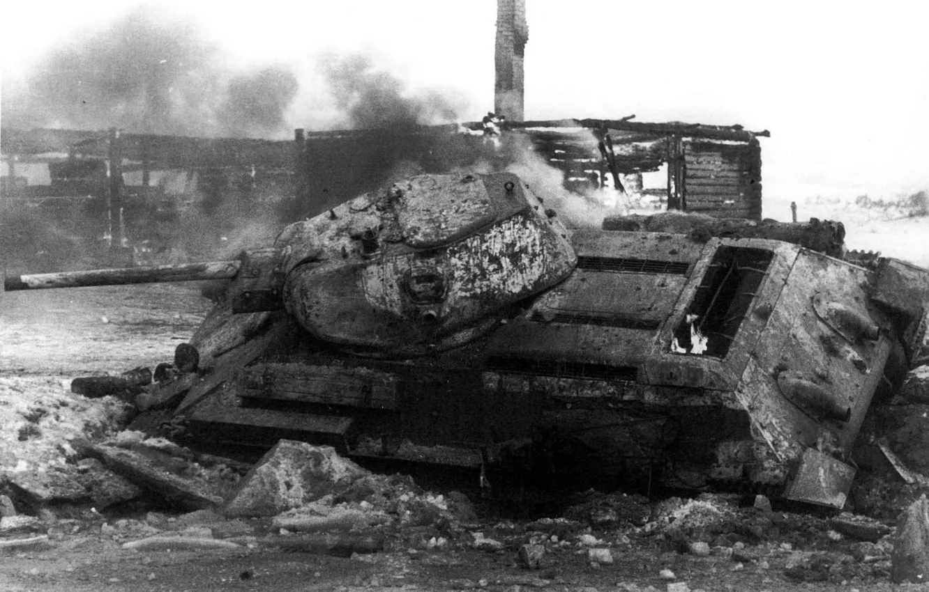 Photo wallpaper fire, war, tank, T-34