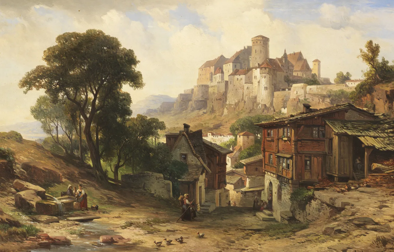 Photo wallpaper 1883, German painter, German painter, Albert Emil Kirchner, View of Burghausen castle, the Salzach river, …