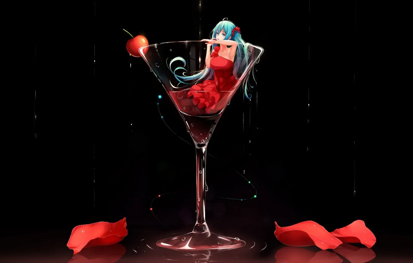 Photo wallpaper water, girl, cherry, glass, anime, petals, art, vocaloid
