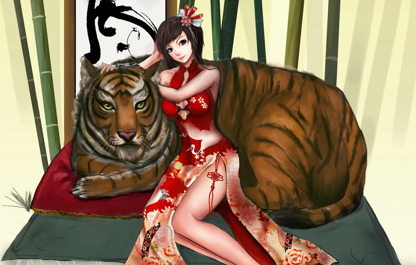 Photo wallpaper girl, tiger, pillow, bamboo, art, characters, ytoy