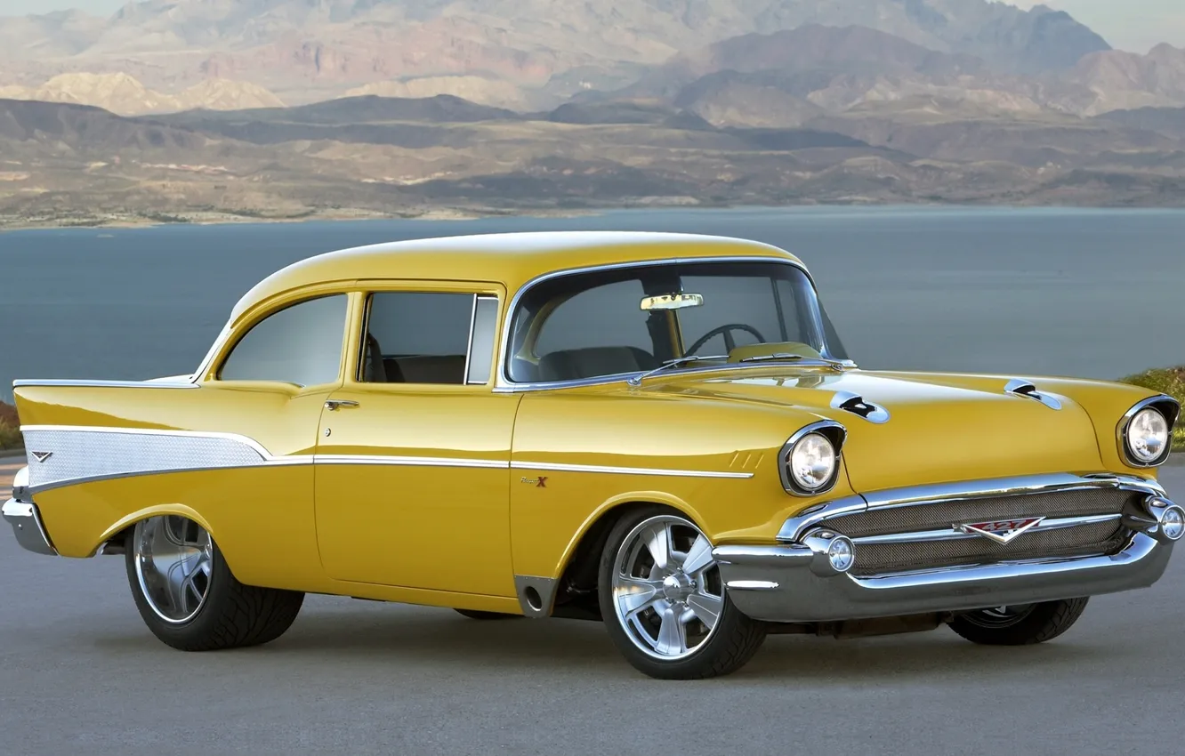 Photo wallpaper mountains, yellow, lake, tuning, Chevrolet, Chevrolet, classic, tuning