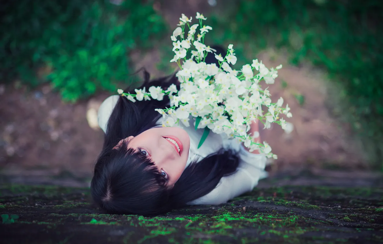 Photo wallpaper look, girl, flowers