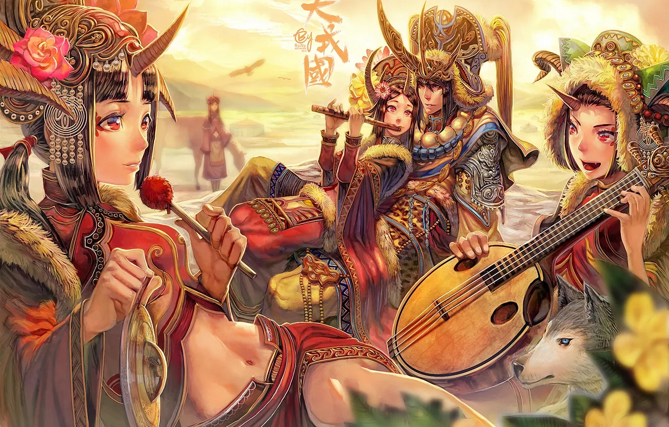 Photo wallpaper girl, music, bird, wolf, flute, Sitar