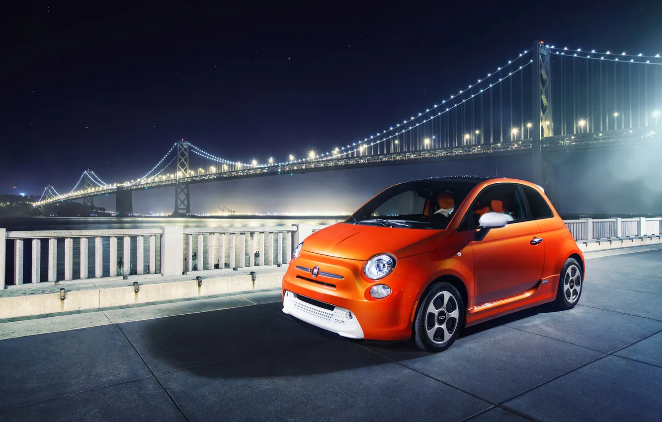 Photo wallpaper night, bridge, Fiat, fiat 500e