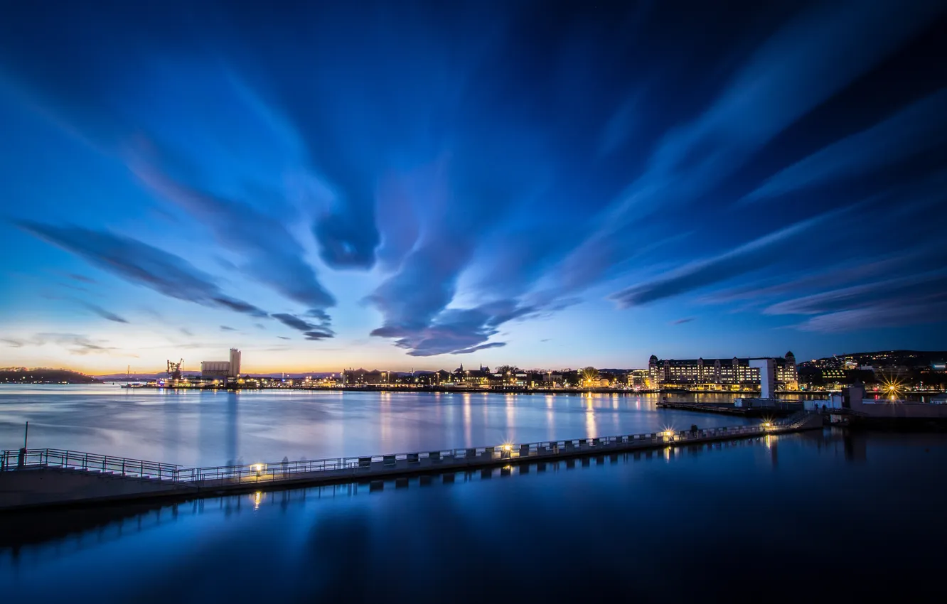Photo wallpaper the sky, clouds, light, night, bridge, the city, lights