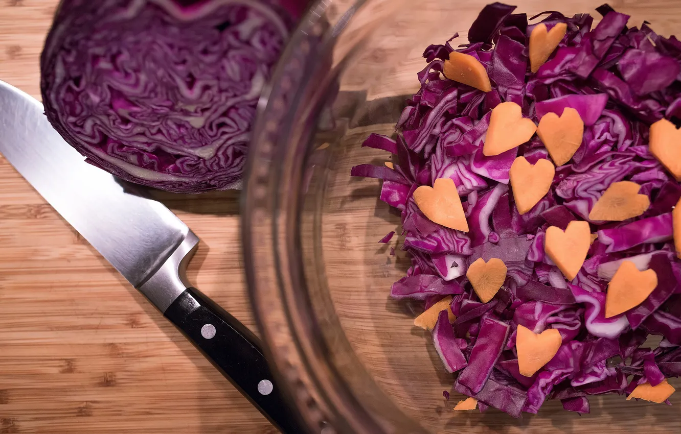 Photo wallpaper knife, hearts, carrots, cabbage, red