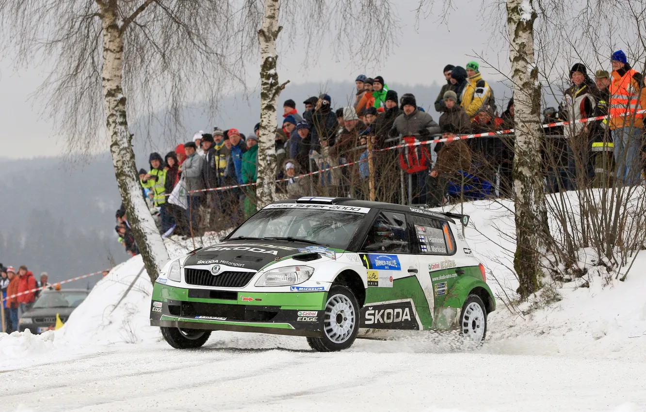 Photo wallpaper winter, snow, people, the front, Rally, Rally, Skoda, Fans