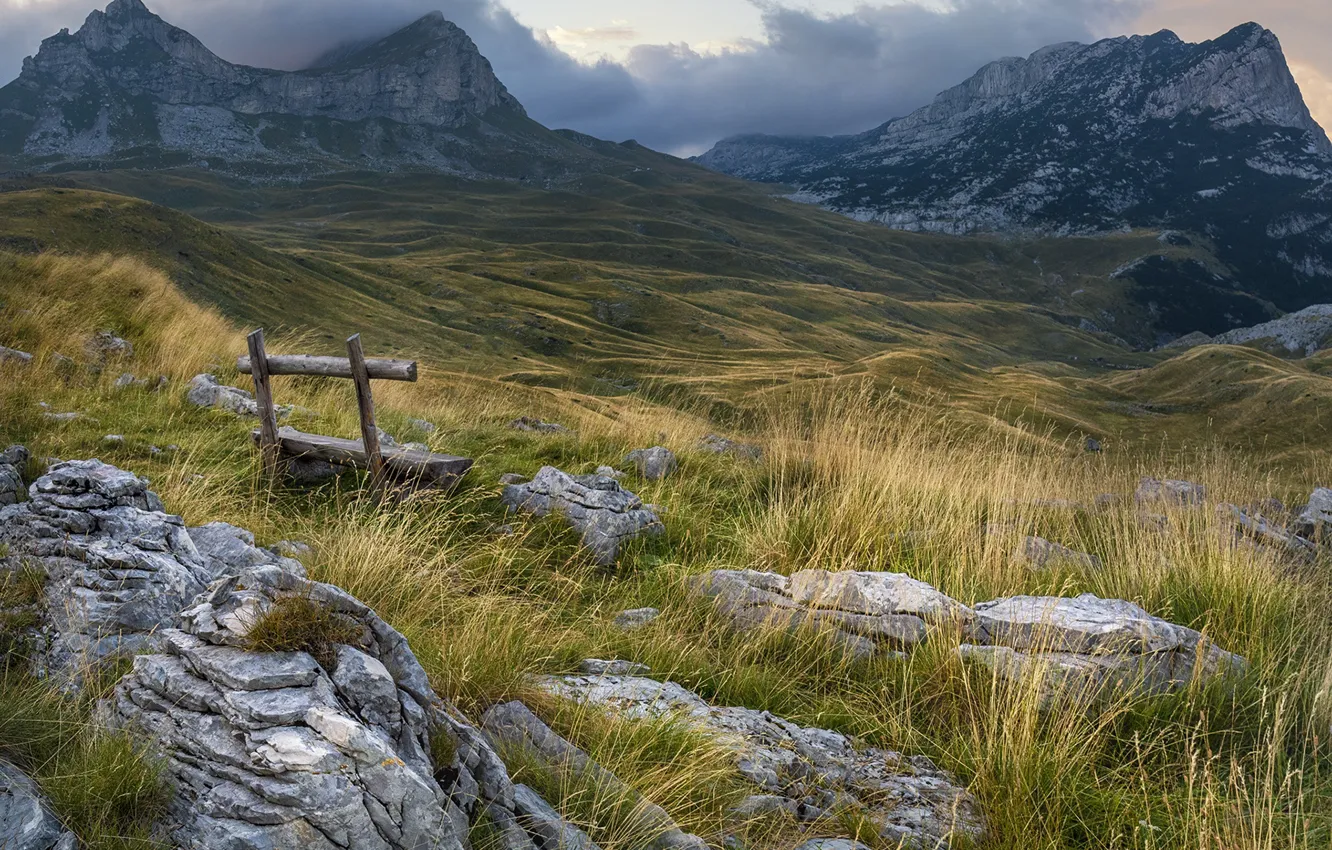 Photo wallpaper grass, clouds, landscape, mountains, nature, stones, bench, Montenegro