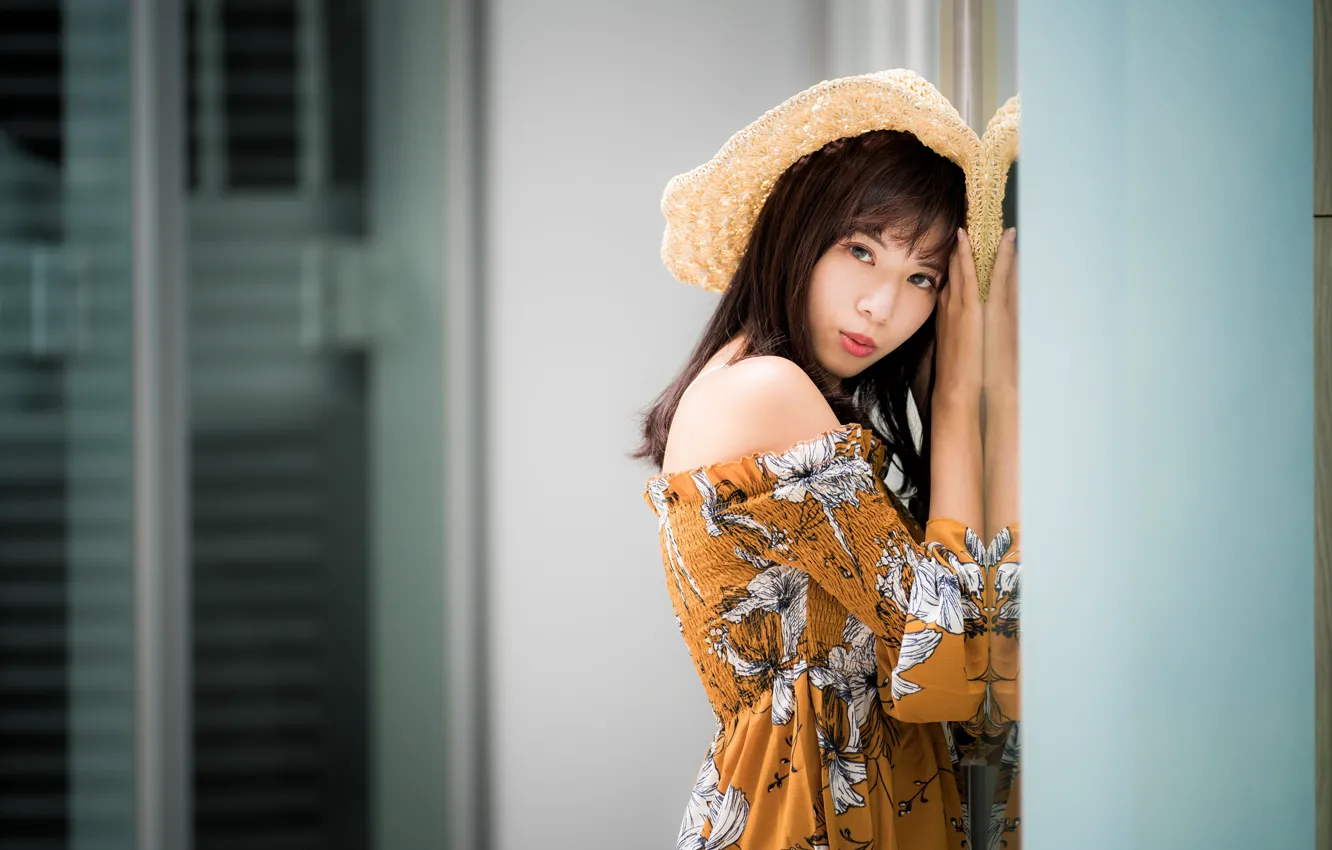 Photo wallpaper look, girl, hat, dress, Asian, cutie, bokeh