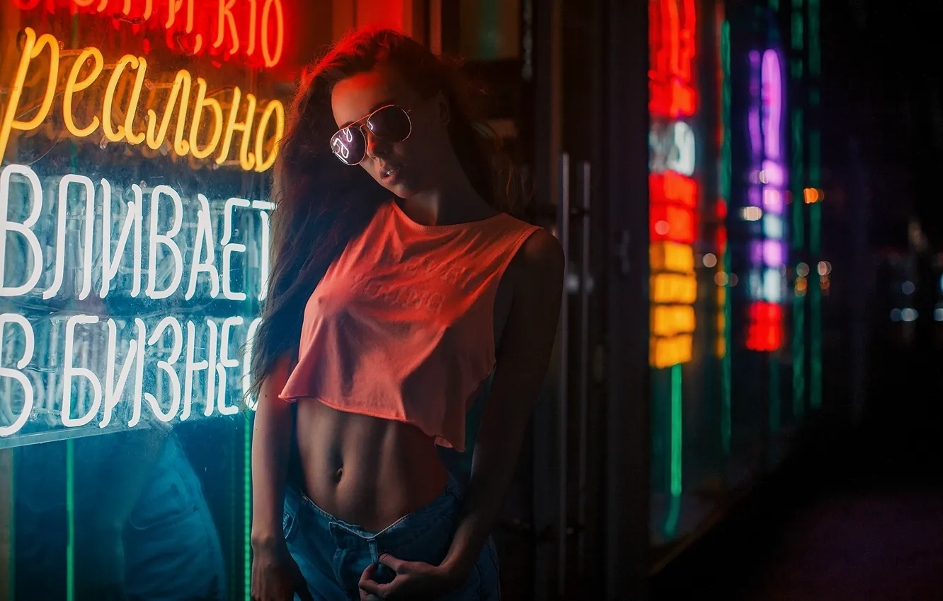 Photo wallpaper chest, girl, light, night, lights, pose, tummy, jeans
