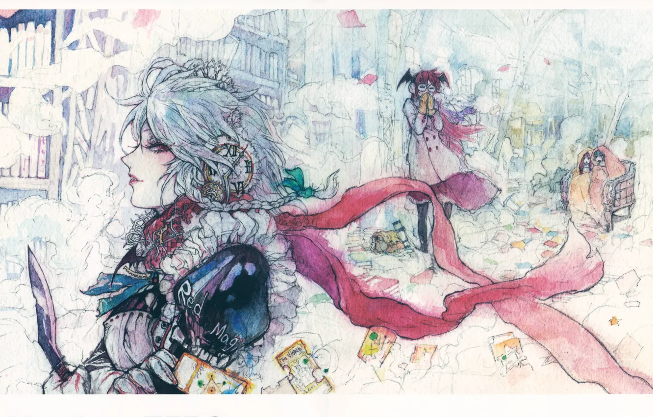 Photo wallpaper cold, street, watch, knife, girl, book, braids, touhou