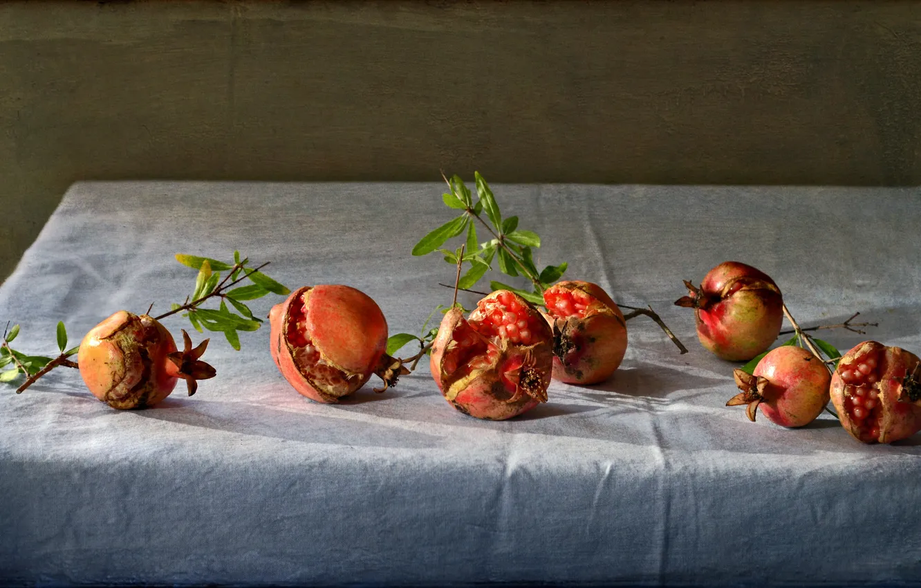 Photo wallpaper table, background, grain, fruit, still life, on the branch, grenades, tablecloth
