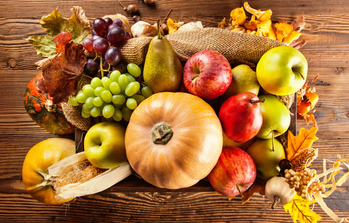 Photo wallpaper autumn, apples, harvest, grapes, pumpkin, fruit, vegetables, pear