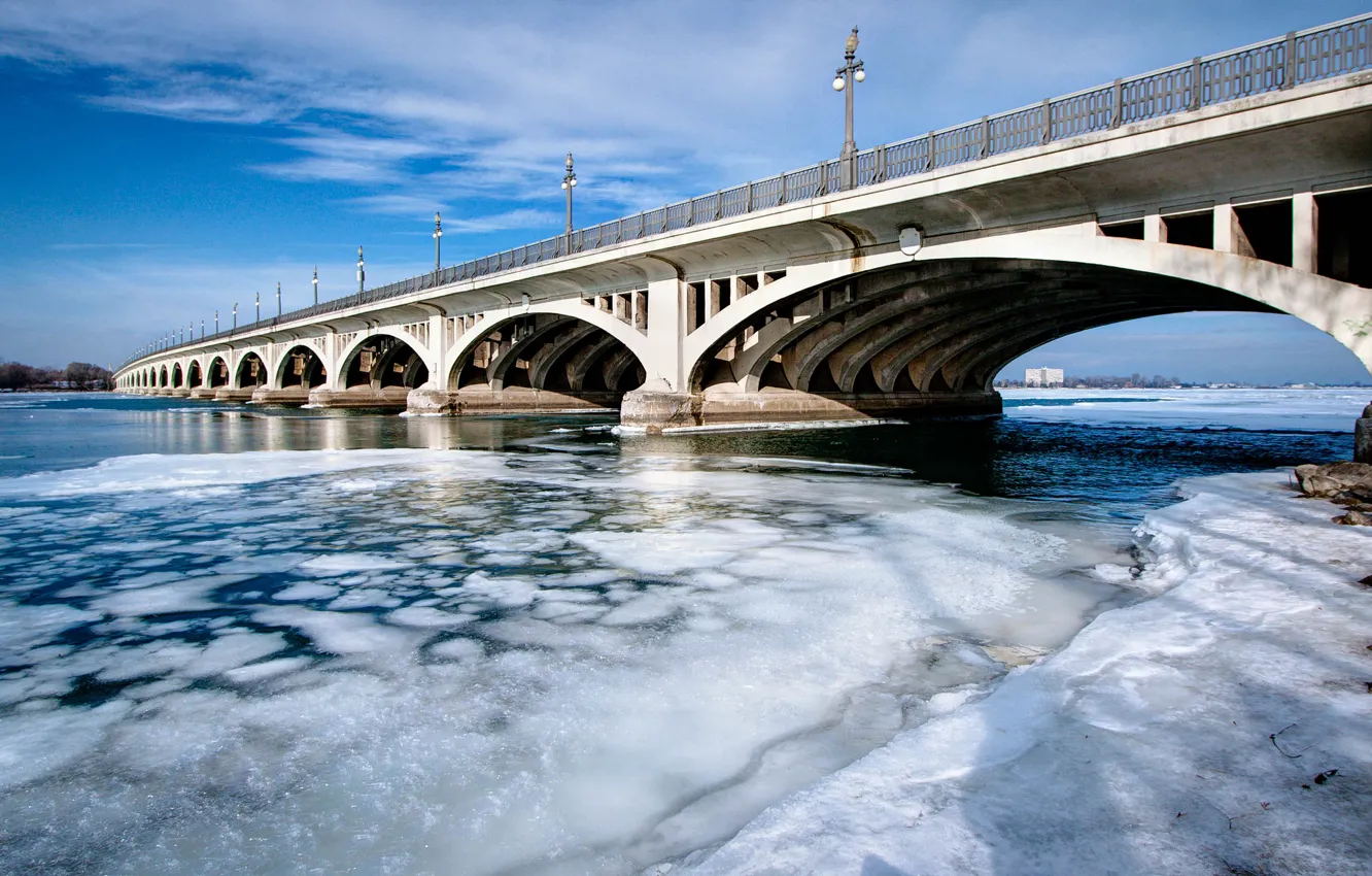Photo wallpaper ice, winter, the sky, bridge, river
